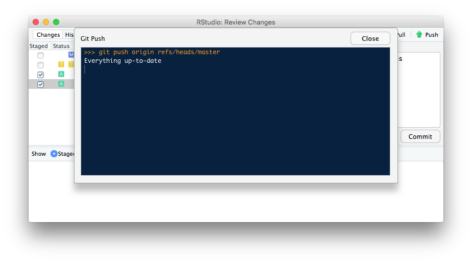 Above: After a successful Push, a second Push shows everything up-to-date.