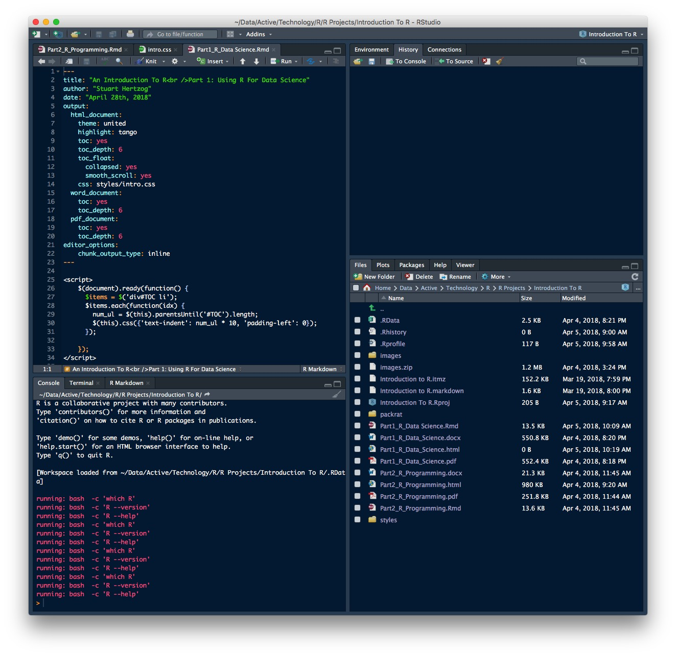 Above: The four-pane default RStudio Console. Pane arrangement can be changed.