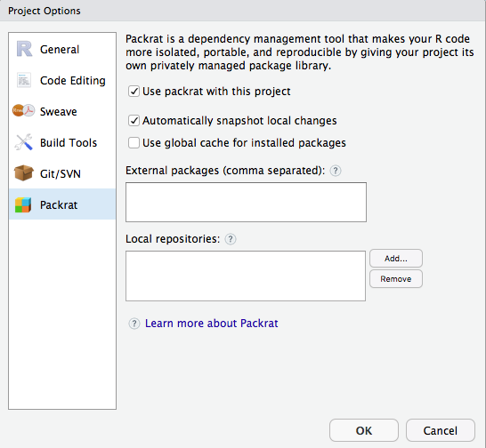 Above: The Packrat Options window sets up packrat to manage project packages.