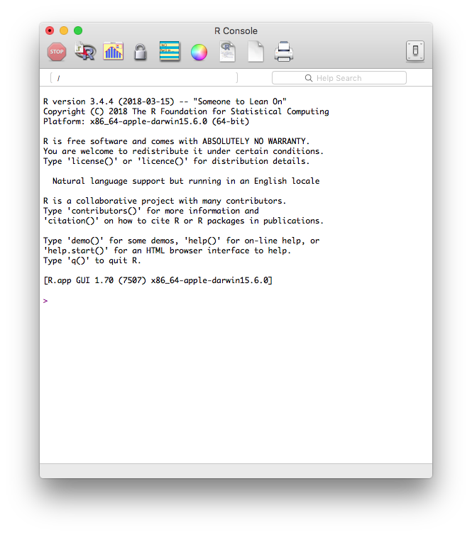 Above: The R Console startup screen in OS X 10.11.6 El Capitan