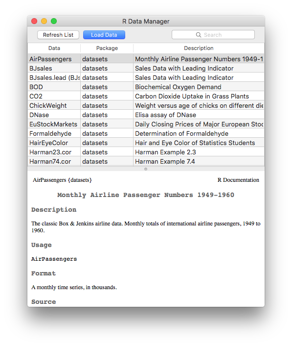 Above: The Data Manager lists the extensive statistical datasets included with R.