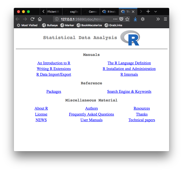 Above: The R Language Help page opens in your default Web browser
